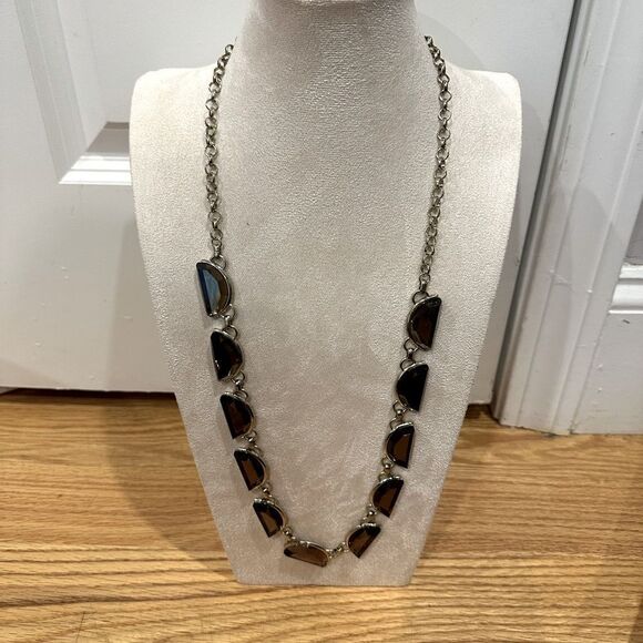 Cold Water Creek half circle brown gems gold long statement necklace - Picture 1 of 4